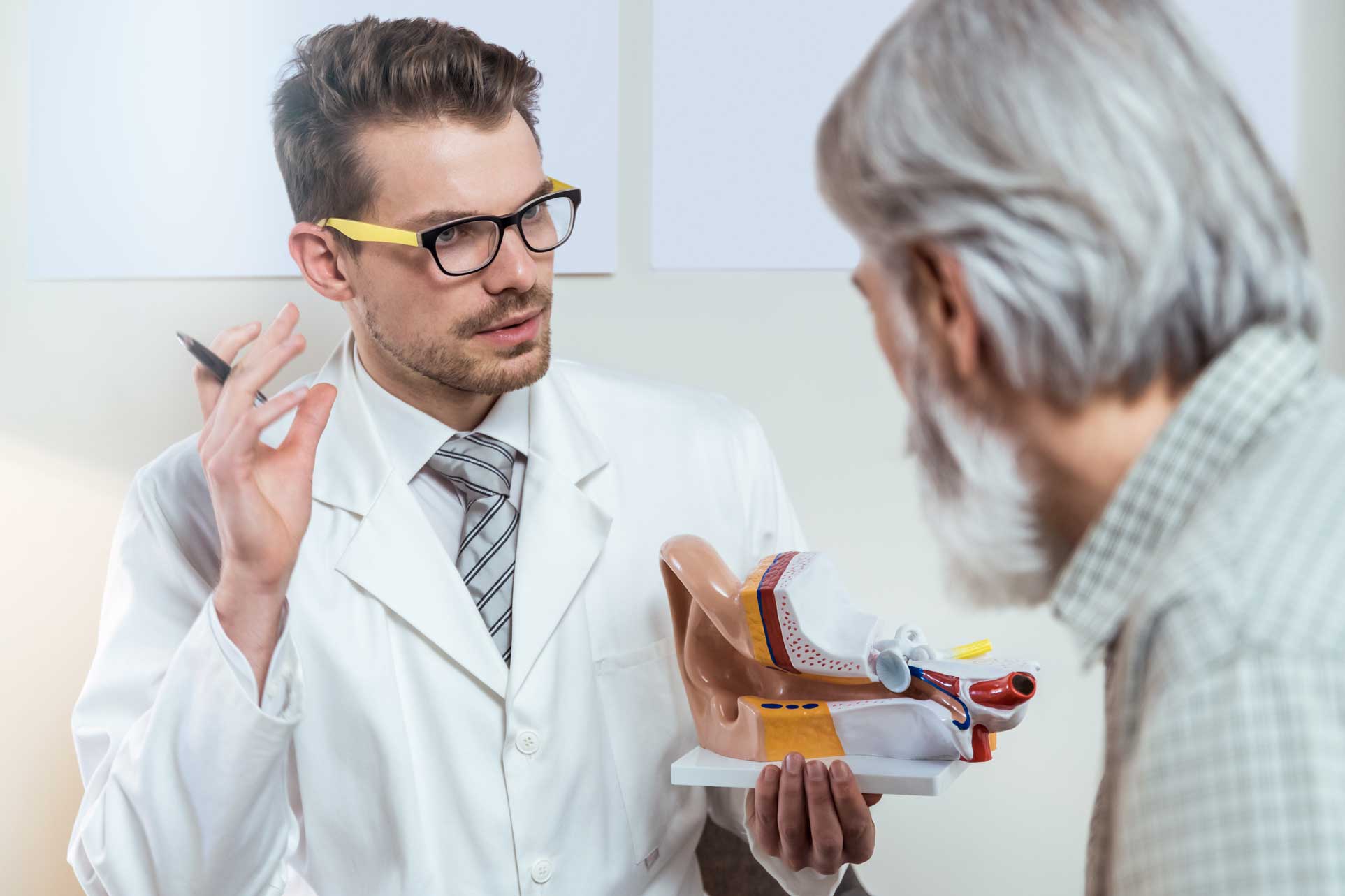 audiologist holding model of ear and talking to patient